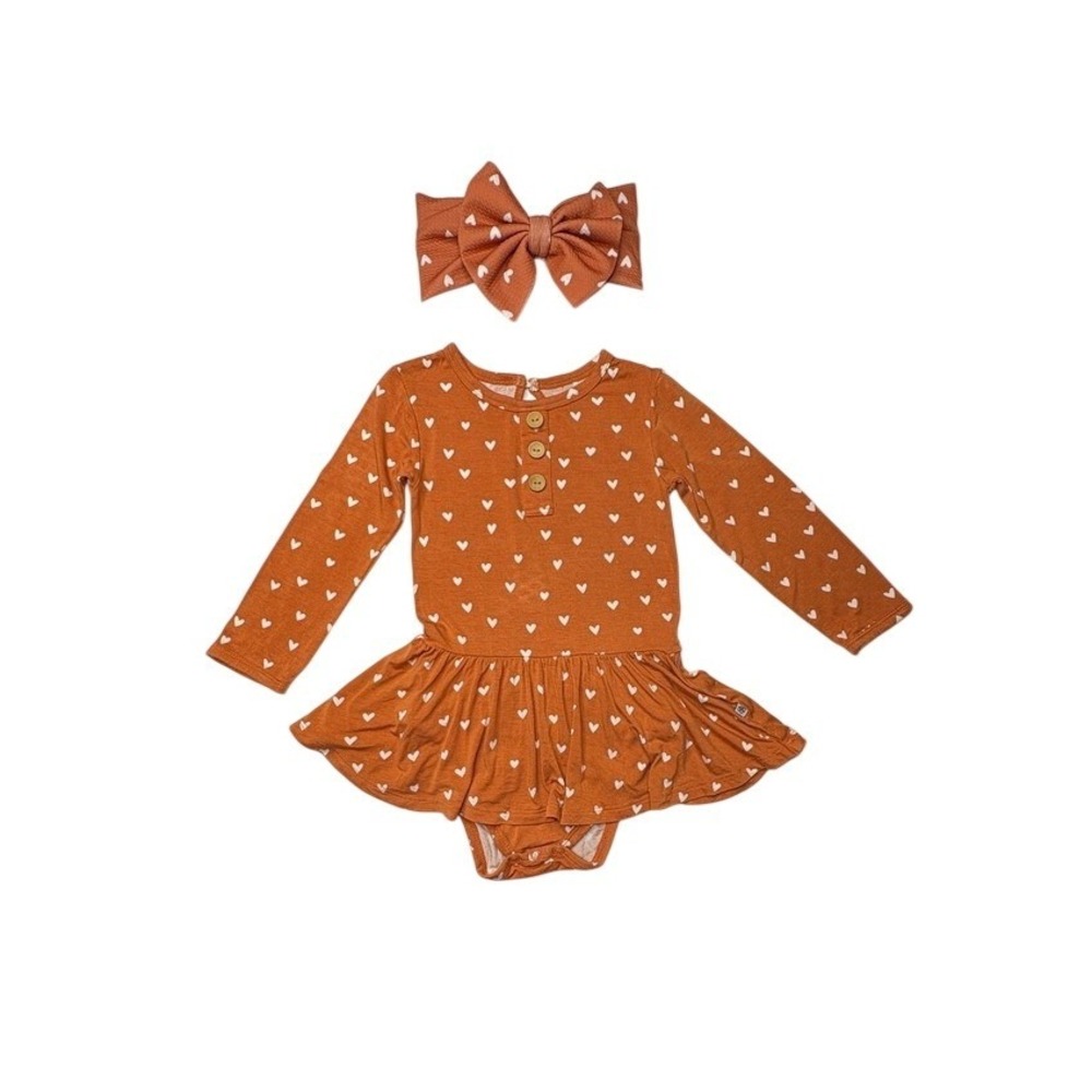 Little Bum Bums Bamboo Rustic Hearts Orange Ruffled Twirl Dress w/Headwrap 2T